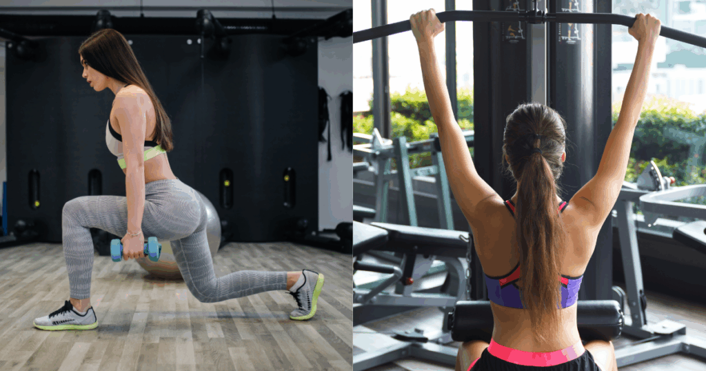 女性がスクワットとラットプルダウンをしている写真