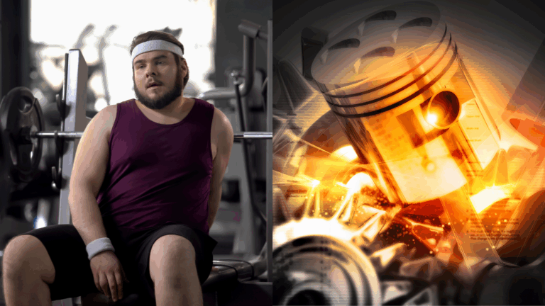 筋トレをしている男性と代謝を模したエンジンの写真